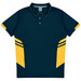 A navy polo shirt featuring yellow accents and stripes on the sleeves, with a collar and button placket.