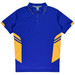 A blue and yellow polo shirt featuring a collar and three buttons, with striped accents on the sides and a logo.