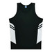 A black singlet featuring white detailing on the sides and a logo on the back.