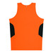 An orange singlet with black side panels and a simple design. It features branding on the back.