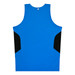 A blue singlet with black side panels and a small logo on the back.