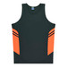 A dark green singlet with orange accents and branding. Suitable for kids.