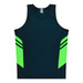 A dark navy singlet with vibrant green side panels and stripes, featuring a logo on the upper back.