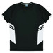 A black T-shirt with white accents and stripes, featuring a logo on the neckline. Ideal for casual wear.