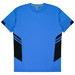 A blue T-shirt featuring black accents on the sides and a logo on the label.