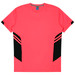 A bright pink T-shirt featuring black side accents and a simple design, with a logo on the neckline.