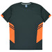 A dark green T-shirt featuring orange panels and stripes, complete with a logo on the label.