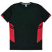 A black and red T-shirt featuring contrasting side panels and a logo. Suitable for kids.