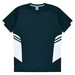 A dark navy T-shirt featuring white accents and stripes, with a logo on the label.