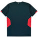 A dark green T-shirt featuring red accents on the sides and a label at the neck. It has a logo on it.
