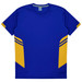 A blue and gold T-shirt featuring a sporty design and contrasting colour panels. Includes a logo on the label.