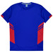 A blue t-shirt with red side accents and a logo on the chest area. Features sporty design elements.