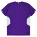 A purple T-shirt with white detailing on the sides, featuring a logo on the back.
