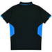 A black polo shirt featuring blue accents on the shoulders and sides. Includes a brand logo.