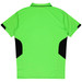A bright green polo shirt with black side panels and a collar. It features a logo on the upper back.