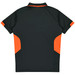 A dark green polo shirt featuring orange accents on the sides. The shirt has a collar and is designed for kids.