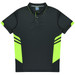 A black polo shirt featuring bright green accents and stripes. It has a collar and three buttons.
