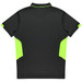 A black polo shirt with bright green accents on the sides and a collar. It features a logo on the front.