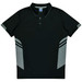 A black polo shirt with grey accents and a logo on the chest area. Short sleeves and a classic collar design.