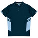 A navy polo shirt with light blue side panels and a collar. Features three buttons and includes a logo.