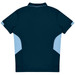 A navy blue polo shirt featuring light blue panels on the sides. It has a collar and short sleeves.