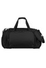 A black duffle bag featuring multiple compartments and a detachable shoulder strap, with a logo on the side.