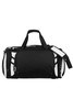 A black and white duffle bag with a shoulder strap and multiple zippered compartments, featuring a logo.