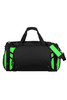 A black and bright green duffle bag with a shoulder strap and multiple compartments. Features a logo.