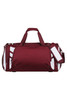 A maroon duffle bag with white accents, featuring multiple compartments and a handheld strap, plus a detachable strap.