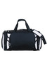 A black and white duffle bag with a shoulder strap, side mesh pockets, and front zip closure, featuring a logo.