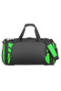 A black duffle bag with green accents, featuring multiple compartments and a shoulder strap. It has a logo.