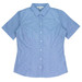 A short sleeve button-up shirt in a blue gingham pattern, featuring a collar and a single logo.