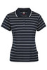 A navy and white striped polo shirt with a collar and short sleeves, featuring a logo.