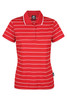 A red polo shirt with white stripes, featuring a collar and a logo tag on the side.