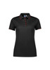 A black short sleeve polo shirt with red accents and a collar, featuring a logo.