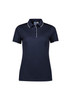 A navy women's short sleeve polo with a contrasting collar and branding.
