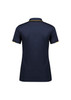 A navy women's short sleeve polo shirt featuring a contrasting neckline and logo.