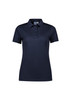 A navy short sleeve polo shirt for women featuring a collar and button placket, with a logo on the chest.