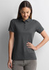 A women's short sleeve polo shirt in dark grey with a classic collar and button detail, featuring a logo.