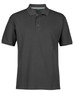 A dark grey polo shirt featuring a classic collar and a logo on the chest.