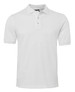 A white polo shirt with a collar and three-button placket, featuring a logo on the chest.