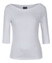 A white ladies' 3/4 sleeve boat neck tee with a soft, smooth fabric and a branded tag.