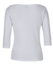A white ladies' 3/4 sleeve boat neck tee, featuring a fitted design and a subtle brand logo.