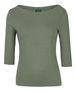 A ladies' 3/4 sleeve boat neck tee in olive green, featuring a fitted design and a logo.