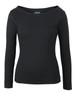 A black long-sleeve boat neck tee with a slight stretch and a logo at the neckline.