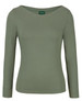 A long-sleeve boat neck tee in olive green, featuring a fitted design and a branding label on the neckline.