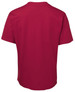 A red t-shirt with short sleeves, featuring a plain design and a logo on the back.