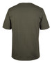 A plain olive green t-shirt with short sleeves and a round neck, featuring a logo.