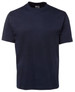 A navy blue T-shirt with a round neckline and short sleeves, featuring a branding logo.