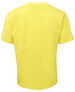 A yellow T-shirt with a plain back and short sleeves, featuring a logo.